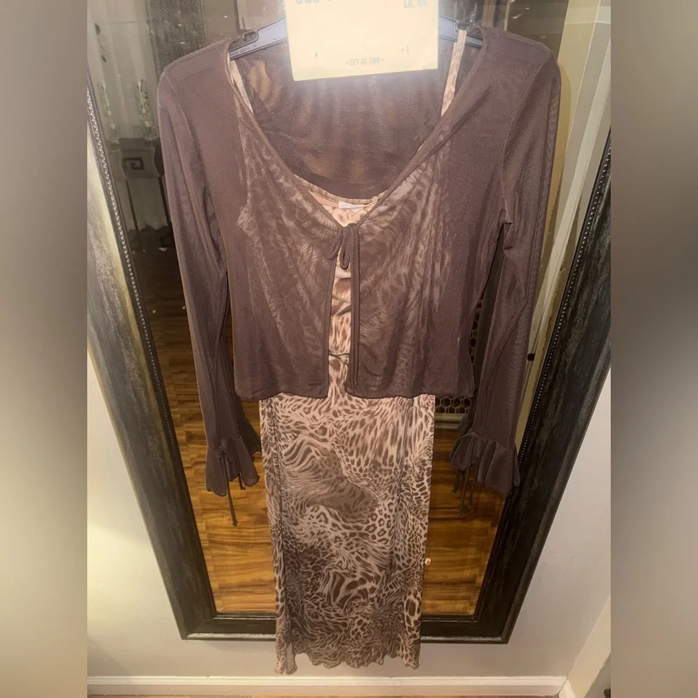See You Monday Brown Animal Print dress with Sheer Cardigan - Picture 8 of 13